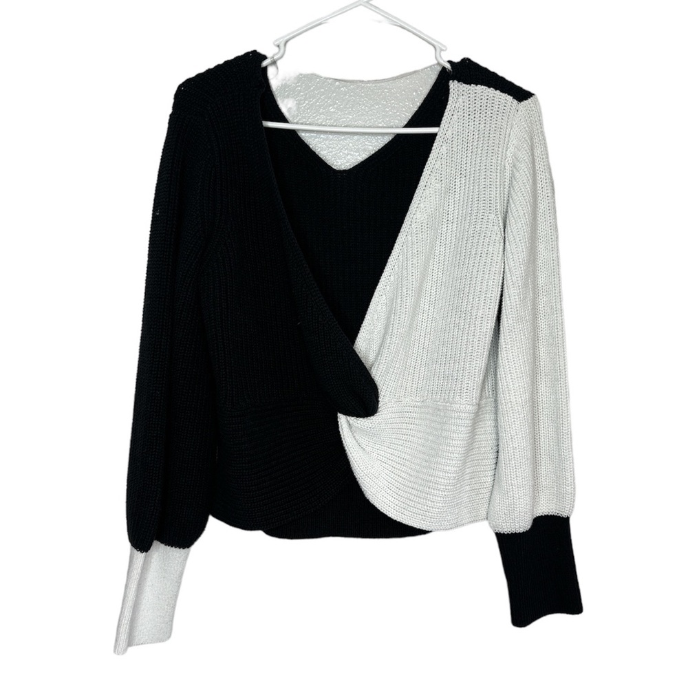 Colorblock Black and White Wrap Knit Sweater